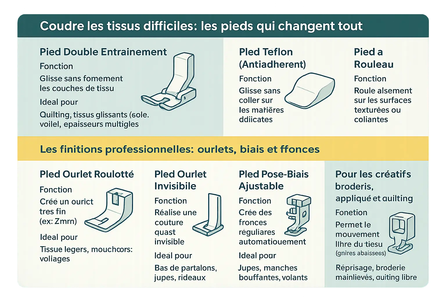 Illustration des pieds de biche pour machine à coudre