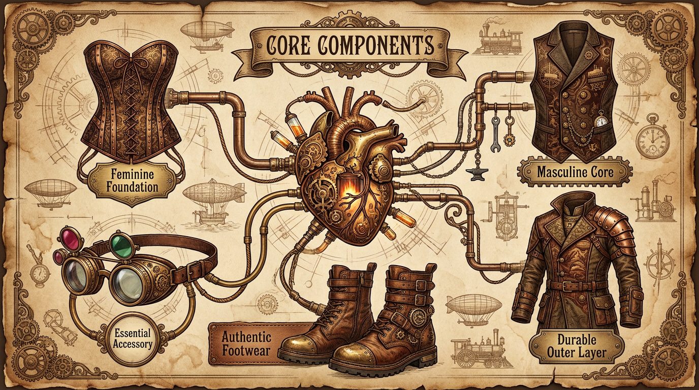 Infographic showing essential steampunk outfit components including corsets, waistcoats, and brass accessories