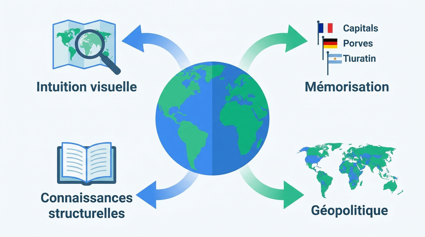 Illustration d'un voyage d'apprentissage géographique interactif sur écran