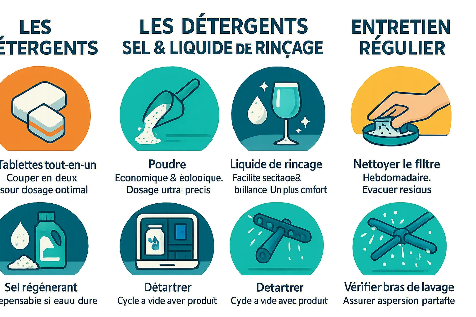 Illustration des <strong>différents types de détergents</strong> pour mini lave-vaisselle