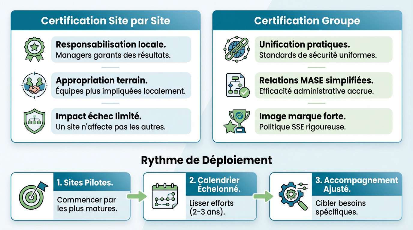 Schéma comparatif entre la certification MASE par site et la certification groupe avec le rythme de déploiement