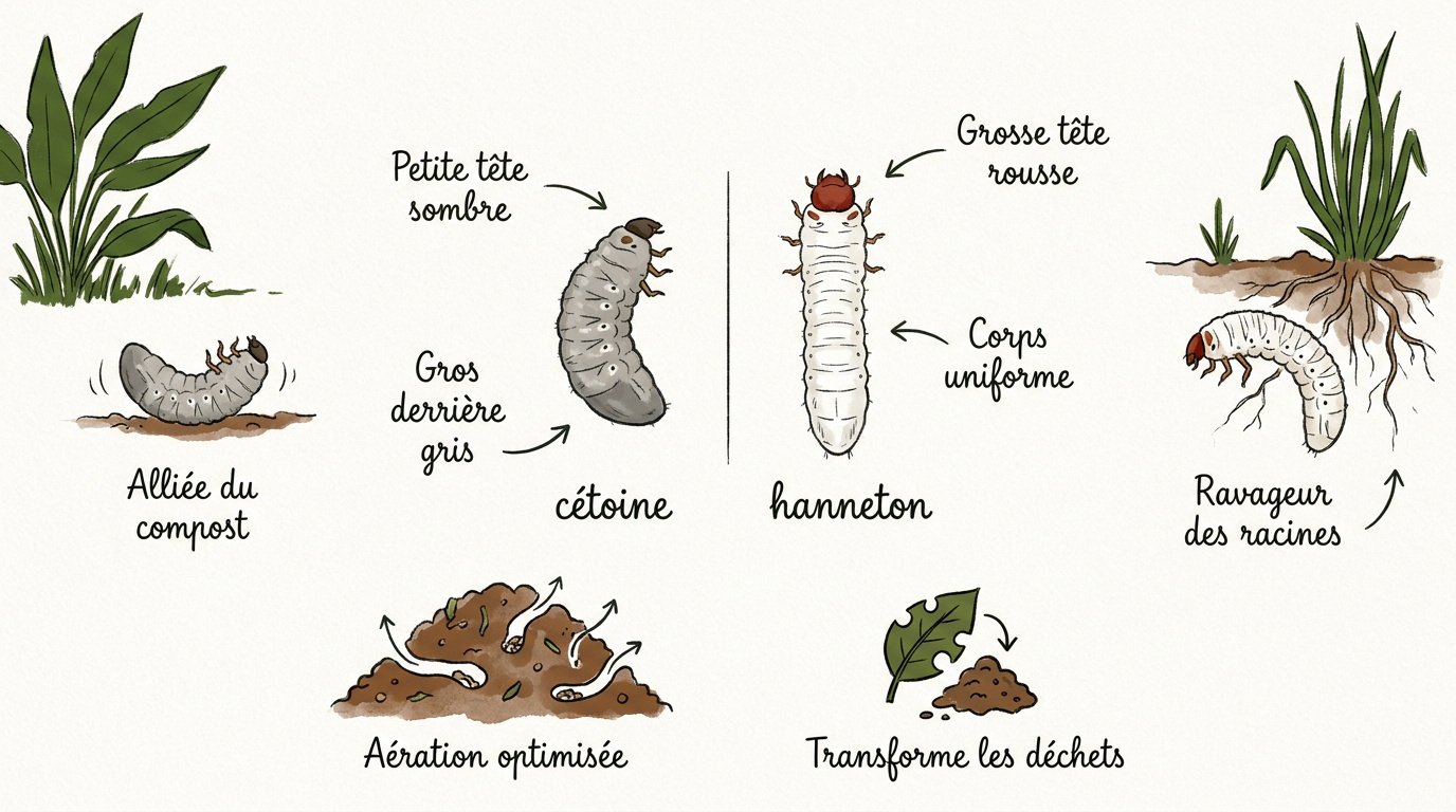 Comparaison visuelle entre une larve de cétoine et une larve de hanneton