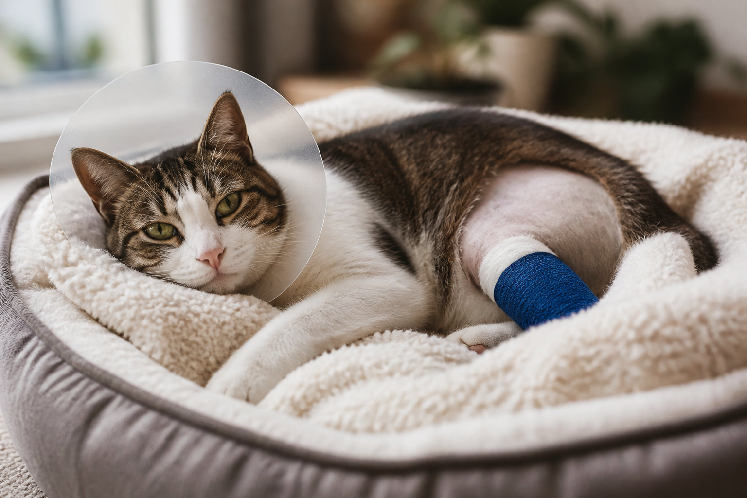 Chat en convalescence portant une collerette et un bandage post-opératoire
