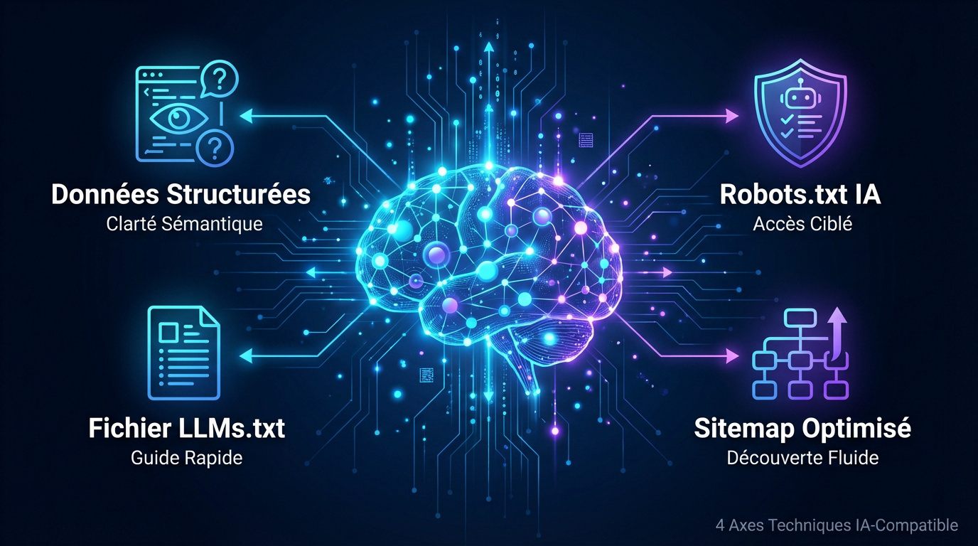 Infographie présentant les 4 piliers techniques pour optimiser un site web pour le référencement IA