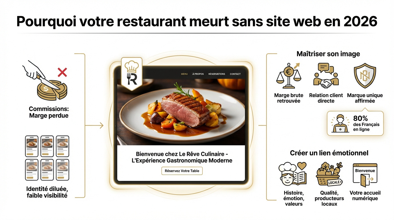 Interface de site web pour restaurant affichée sur une tablette dans une salle de restauration moderne