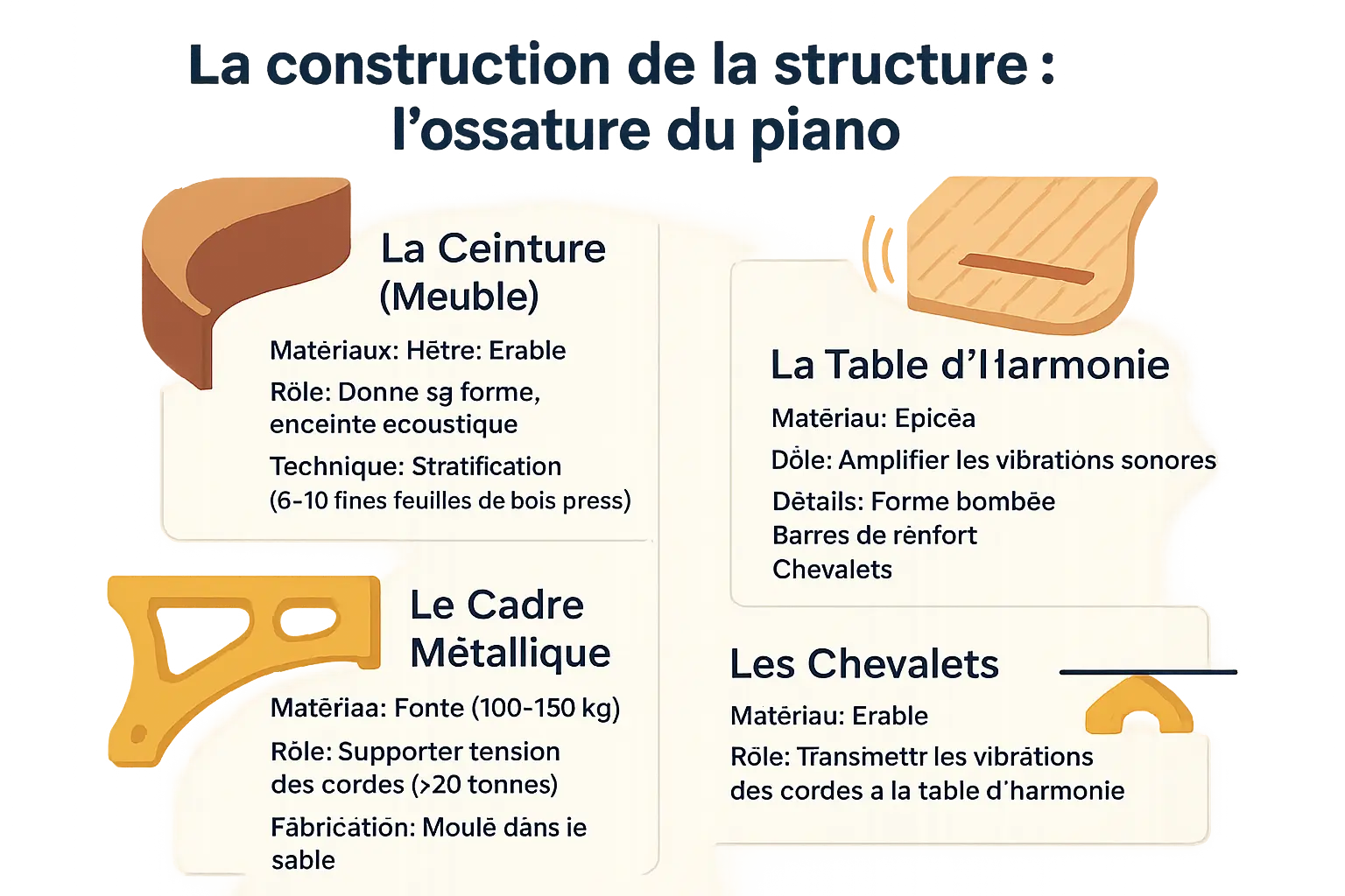 Vue d'ensemble de la structure interne d'un piano à queue