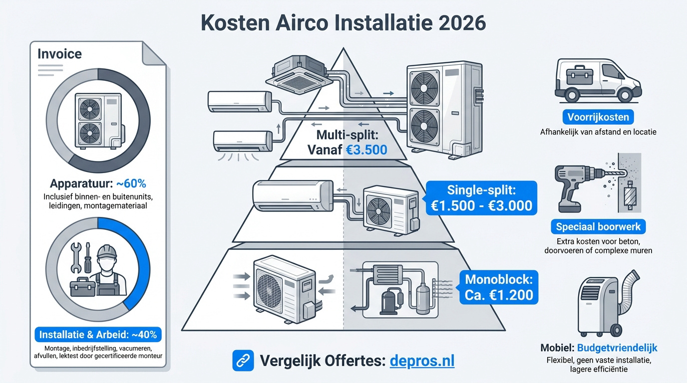 Grafische weergave van de prijsopbouw voor airco installatie in 2026 inclusief materiaal en arbeid
