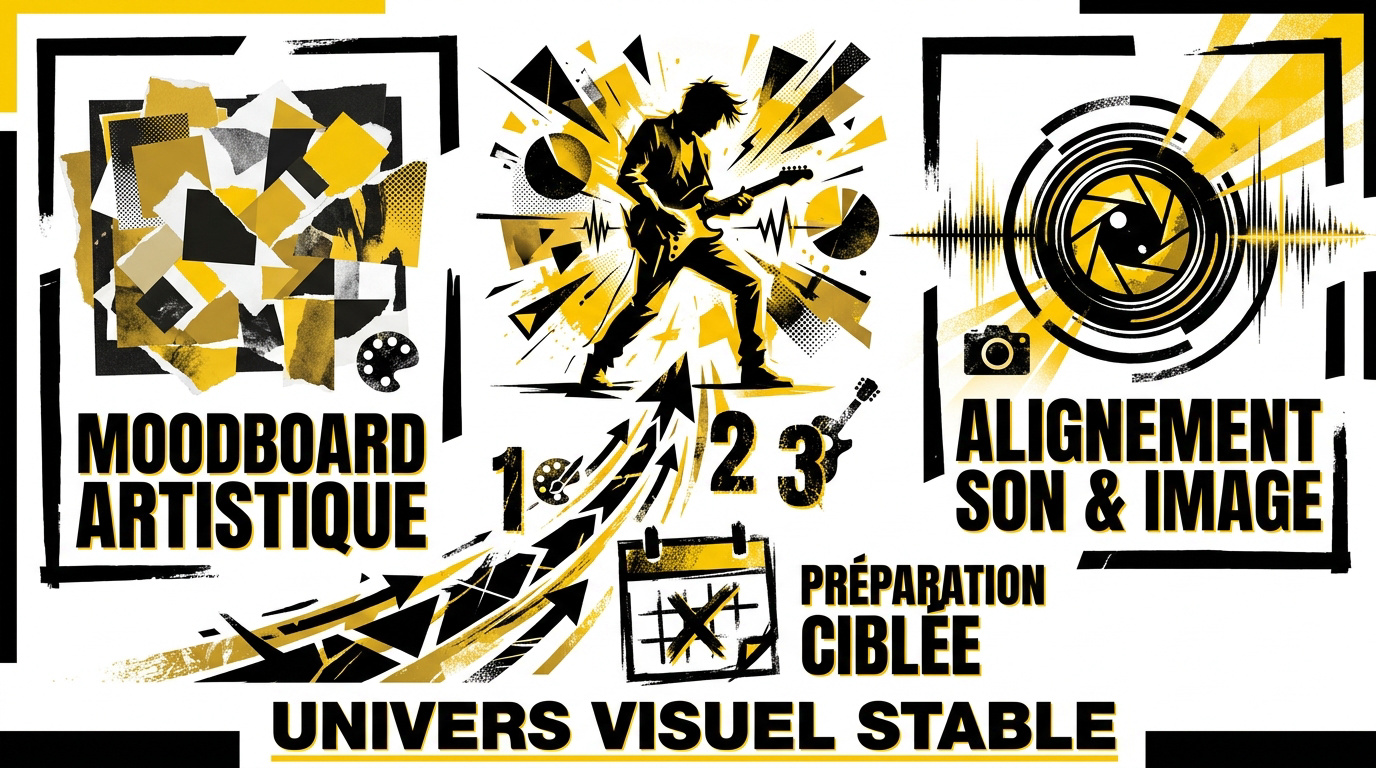 Musicien préparant son univers visuel pour une séance photo professionnelle