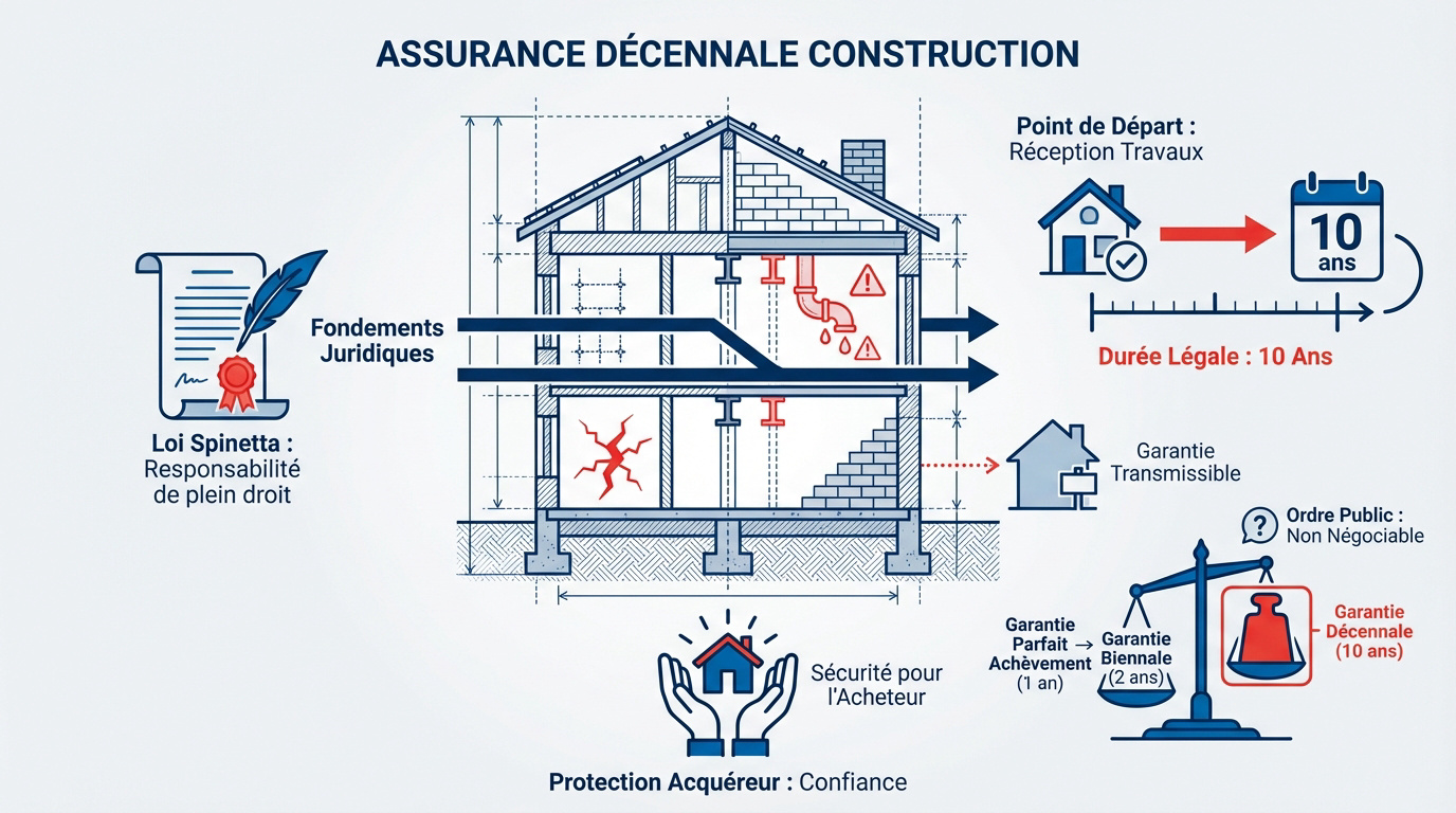 Infographie explicative sur le fonctionnement et la durée de la garantie décennale construction