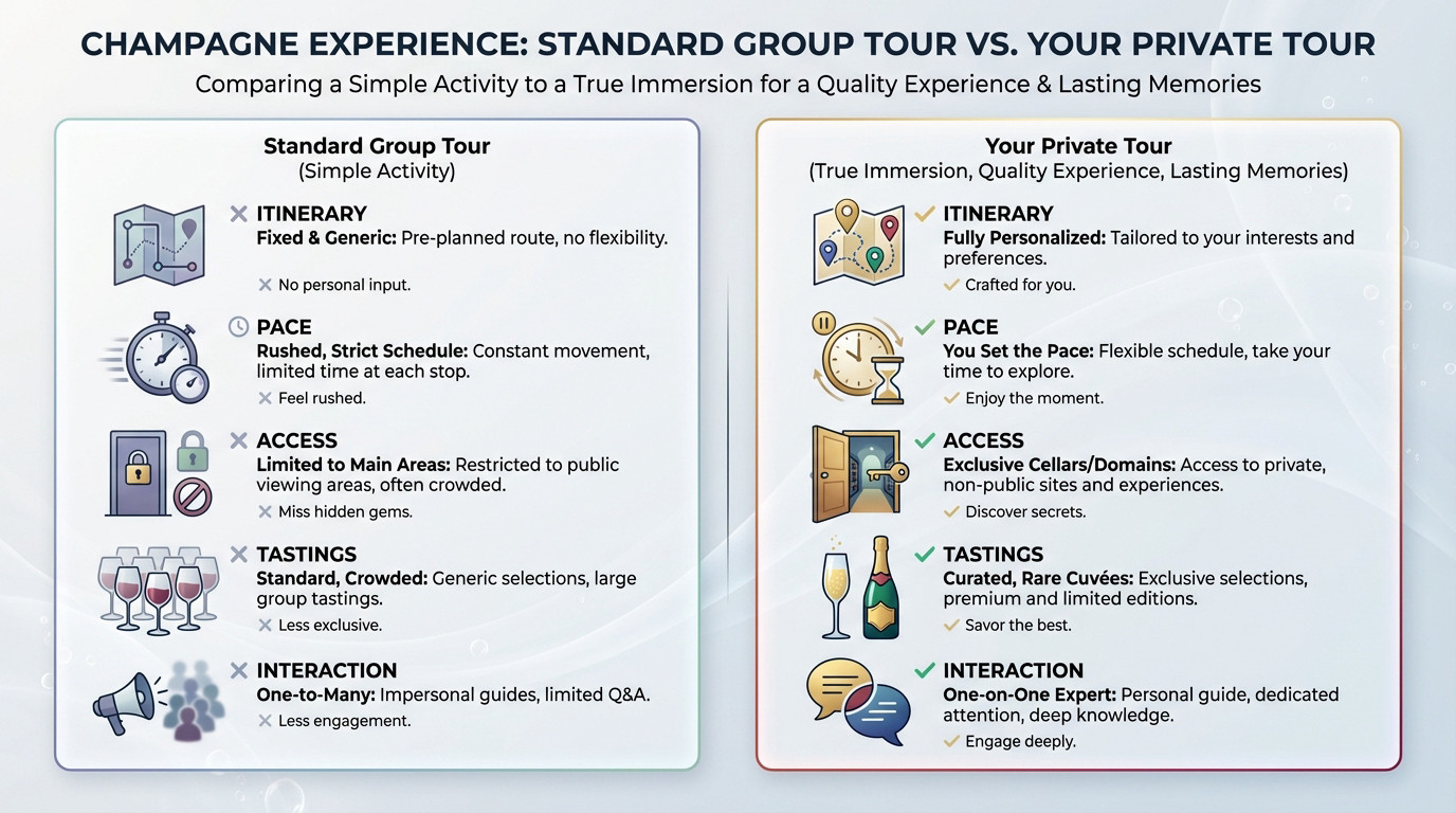 Comparison table showing the benefits of a private champagne tour versus a standard group tour