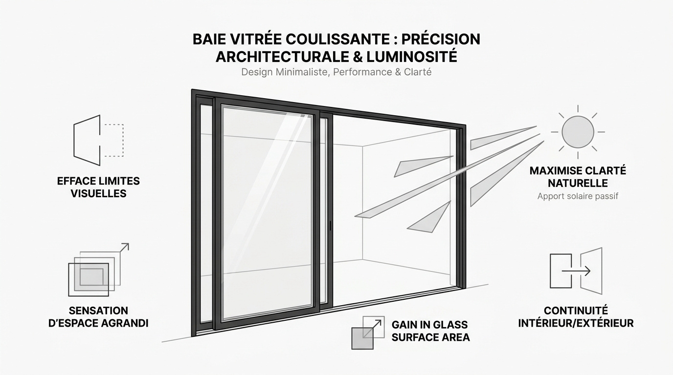 Baie vitrée coulissante en aluminium aux profilés fins apportant une luminosité maximale dans un séjour moderne