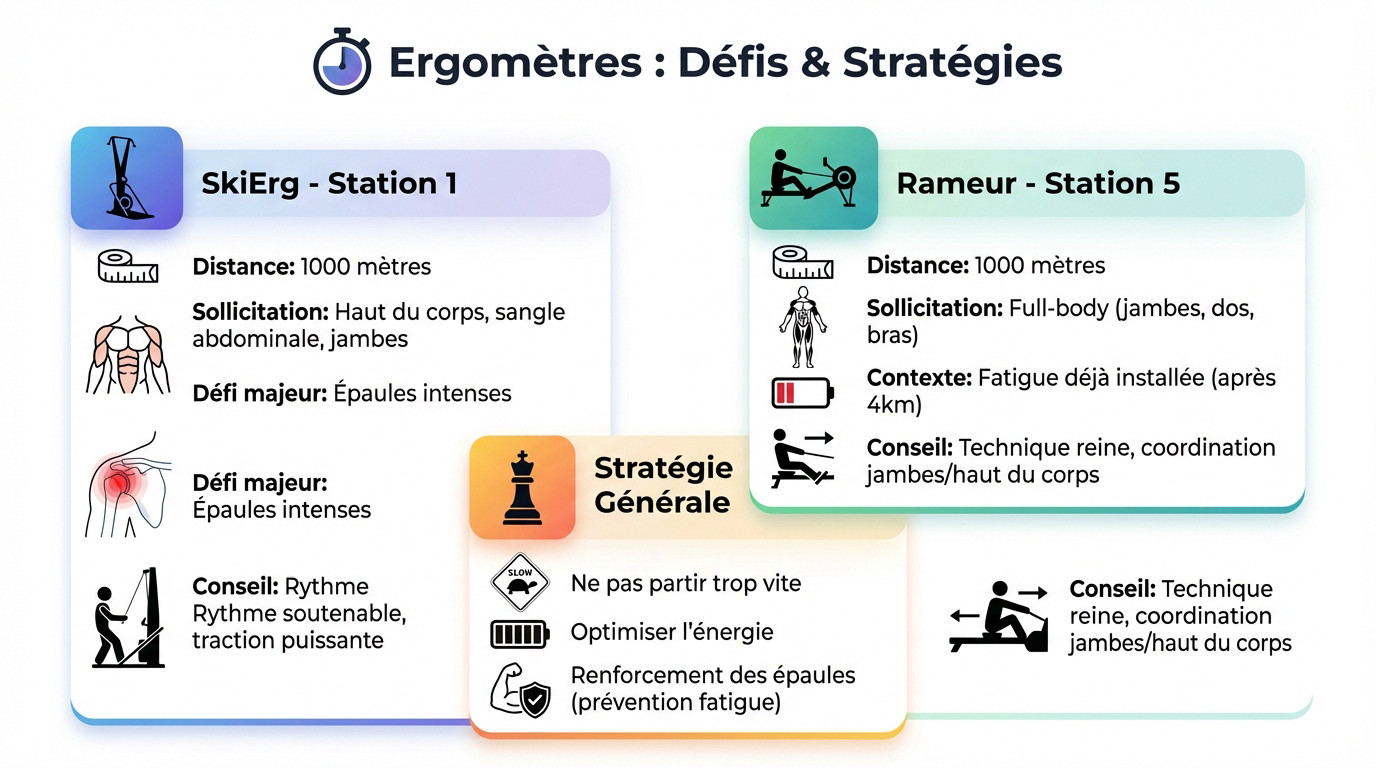 Athlète Hyrox en plein effort sur un SkiErg et un rameur lors d'une compétition en salle