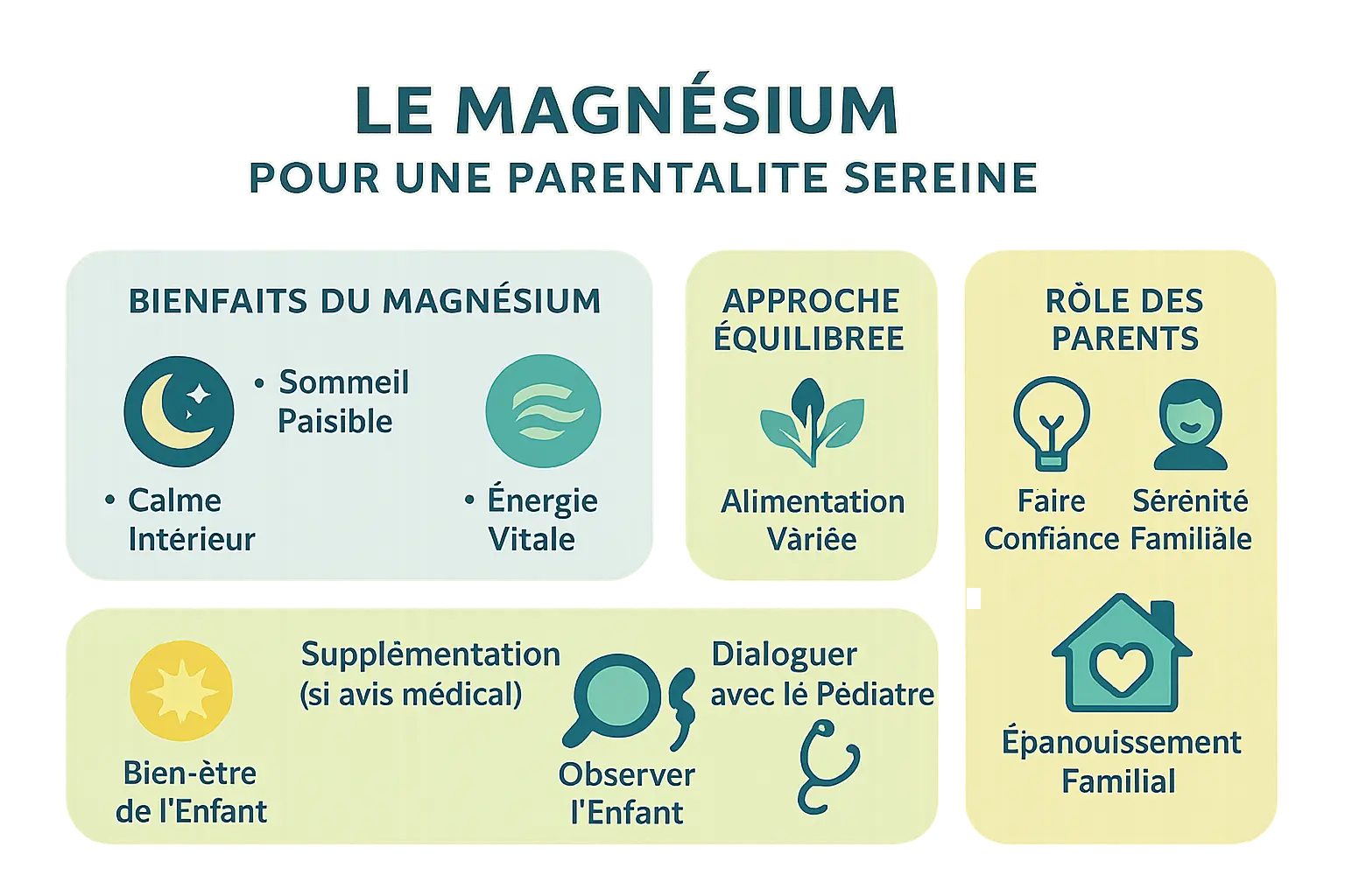 Enfant dormant paisiblement avec un sourire, entouré de légumes verts et de noix symbolisant les sources naturelles de magnésium.