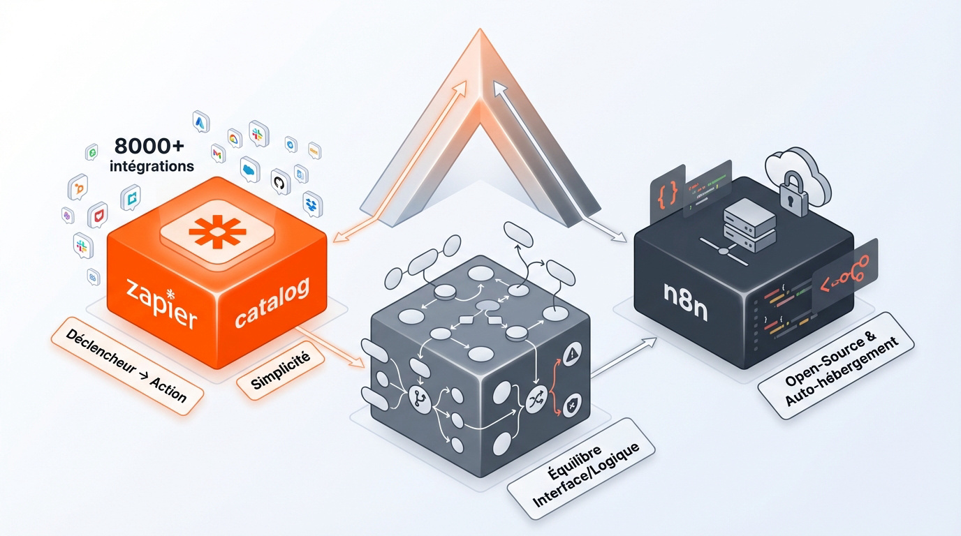 Comparatif visuel des plateformes d'automatisation Zapier, Make et n8n
