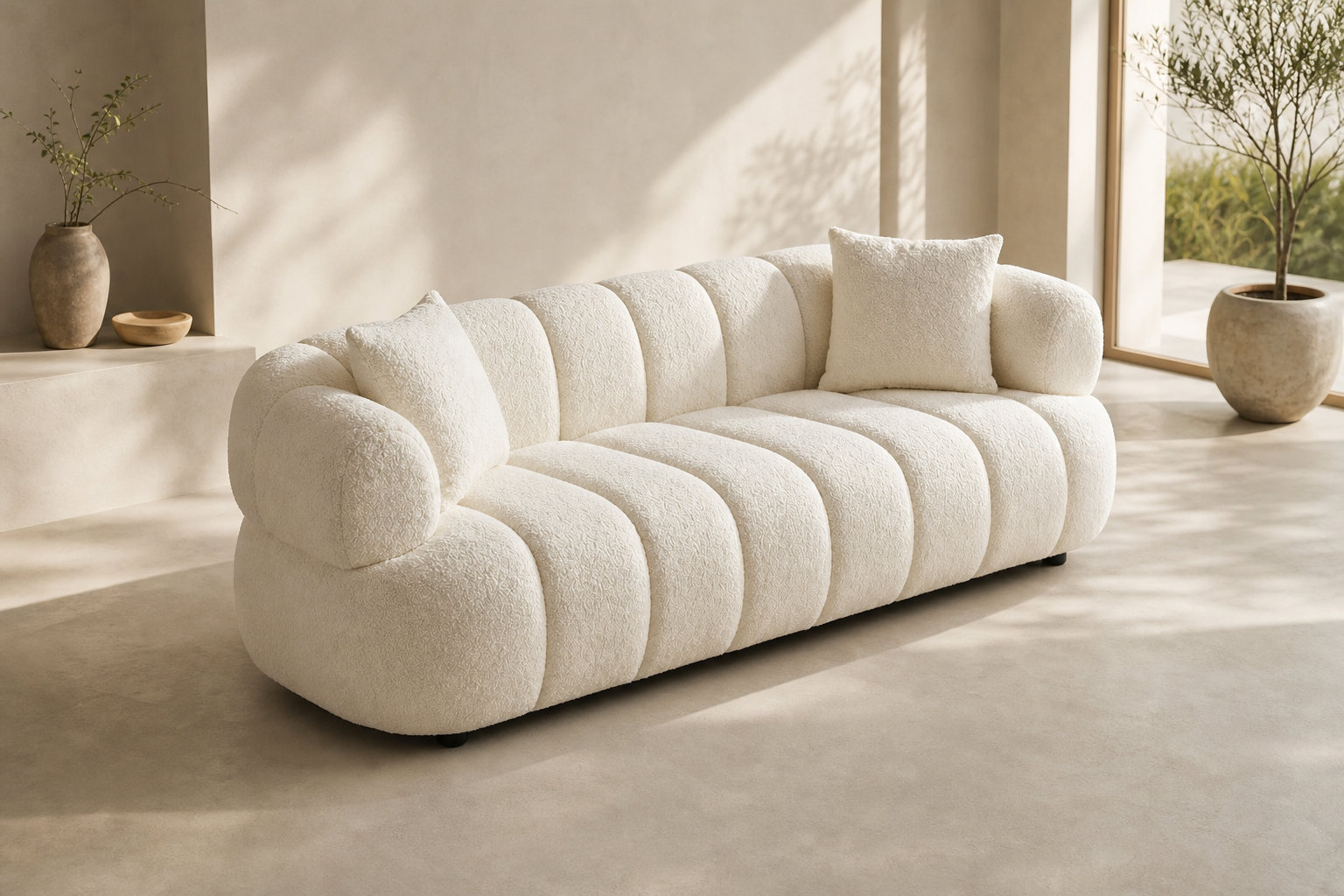 Canapé arrondi 3 places en tissu bouclette blanc cassé - COLIANI