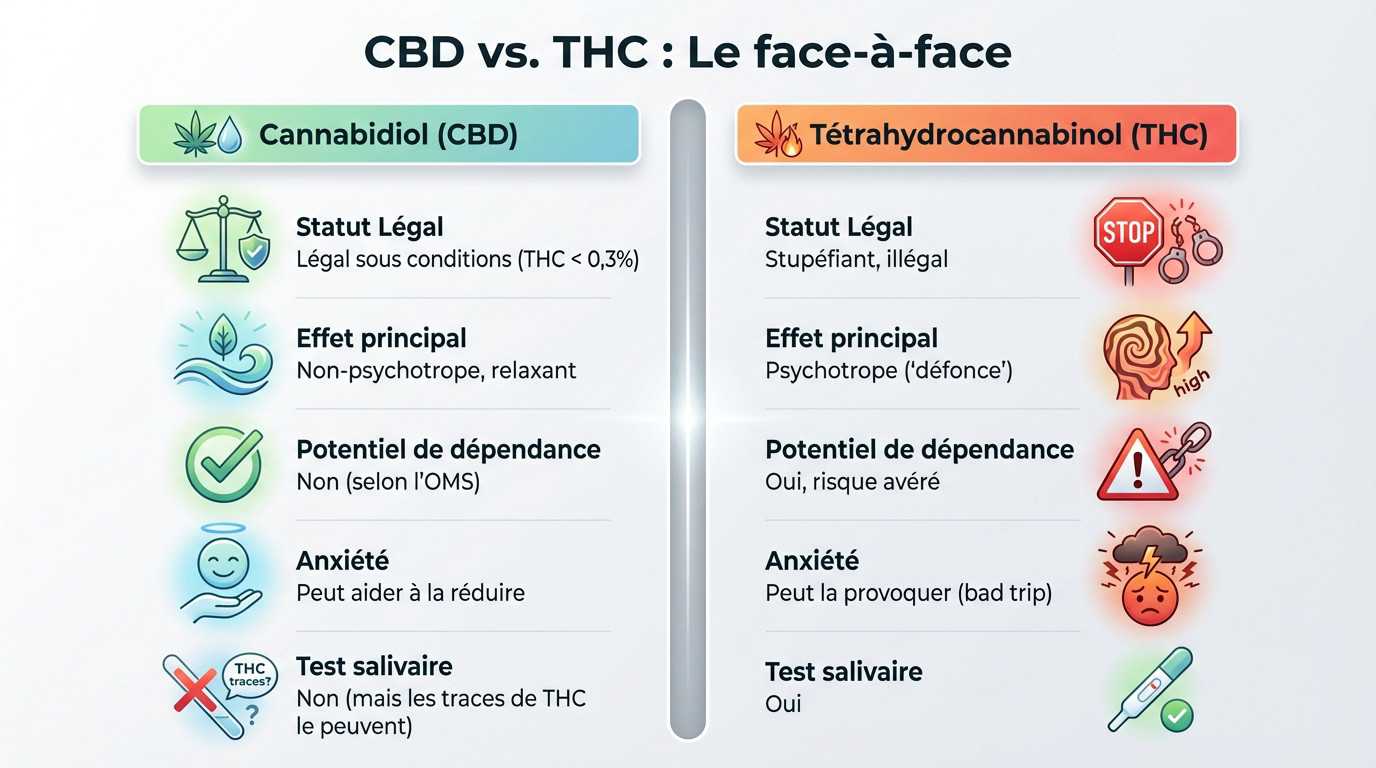 Tableau comparatif des différences majeures entre le CBD légal et le THC psychotrope
