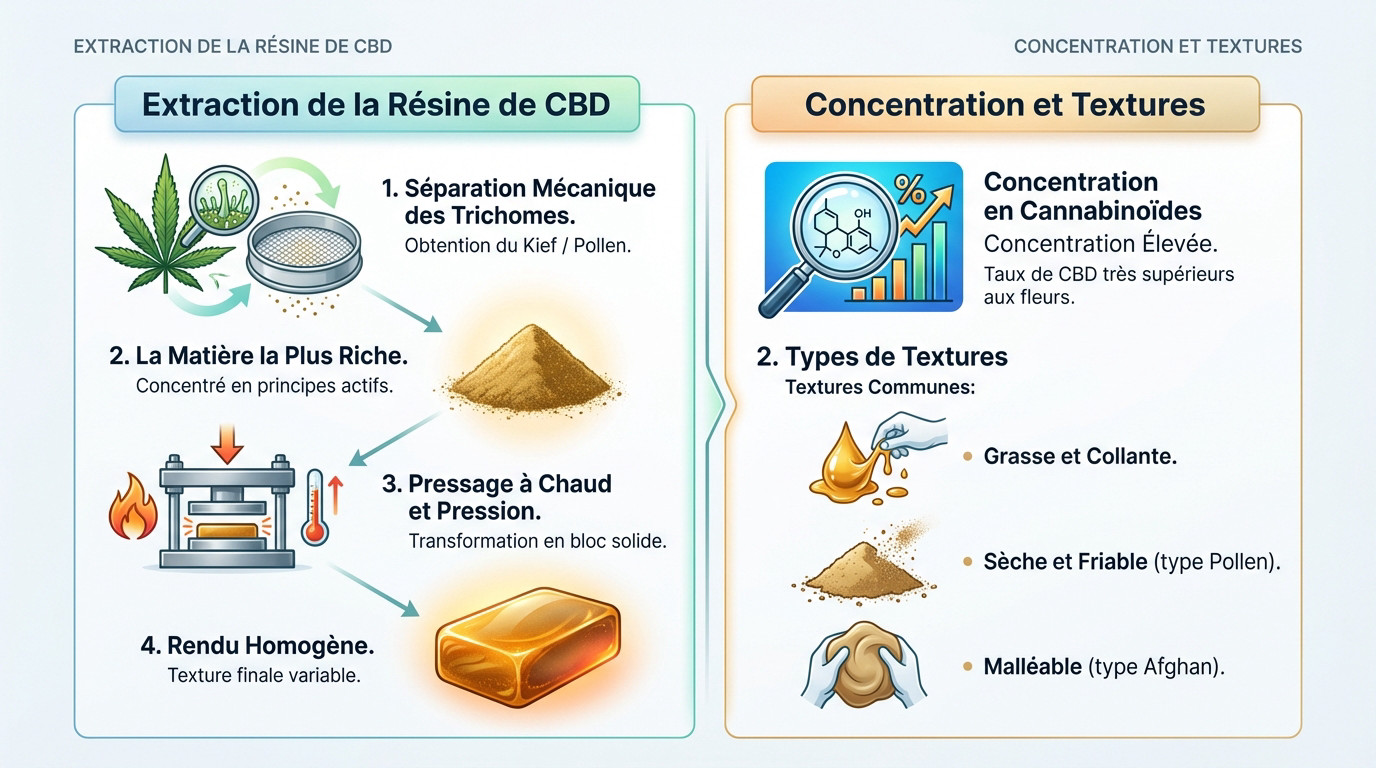 Processus d'extraction des trichomes et textures variées de la <strong>résine de CBD</strong>