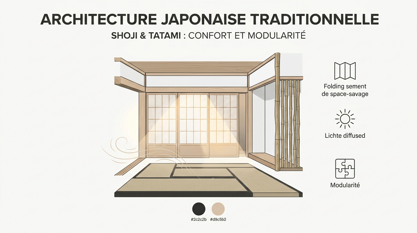 Intérieur japonais traditionnel avec cloisons shoji en papier washi et sol en tatami