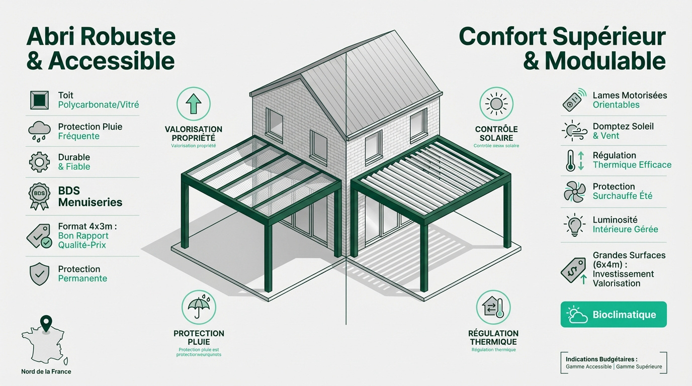 Comparaison entre une pergola robuste à toit fixe et une pergola bioclimatique moderne