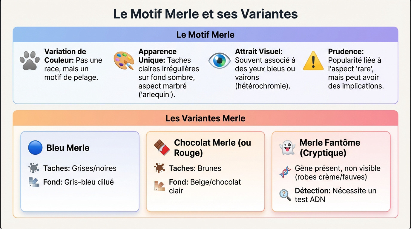 Illustration des différentes variantes du motif merle chez le chien