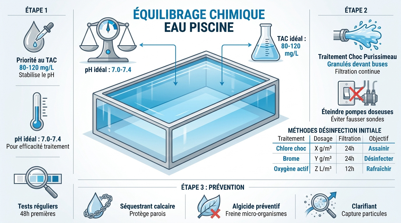 Sch&eacute;ma explicatif pour l'&eacute;quilibrage chimique de l'eau de piscine apr&egrave;s l'hivernage