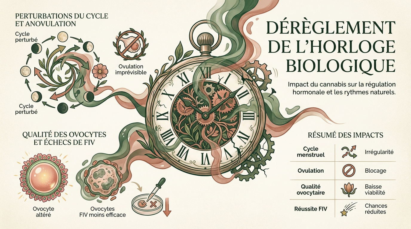 Représentation symbolique de l'impact du cannabis sur le cycle hormonal féminin