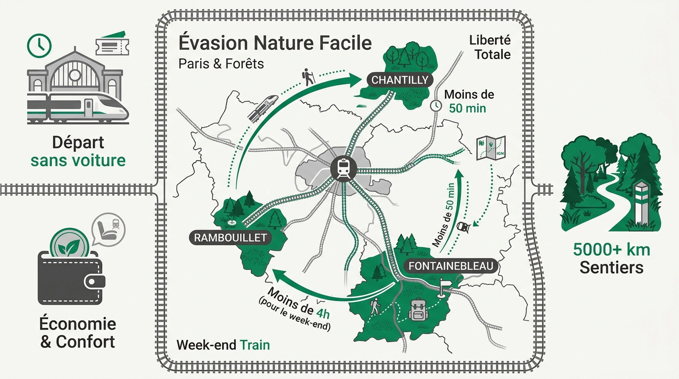 Sentier de randonnée en forêt accessible en train depuis une gare parisienne