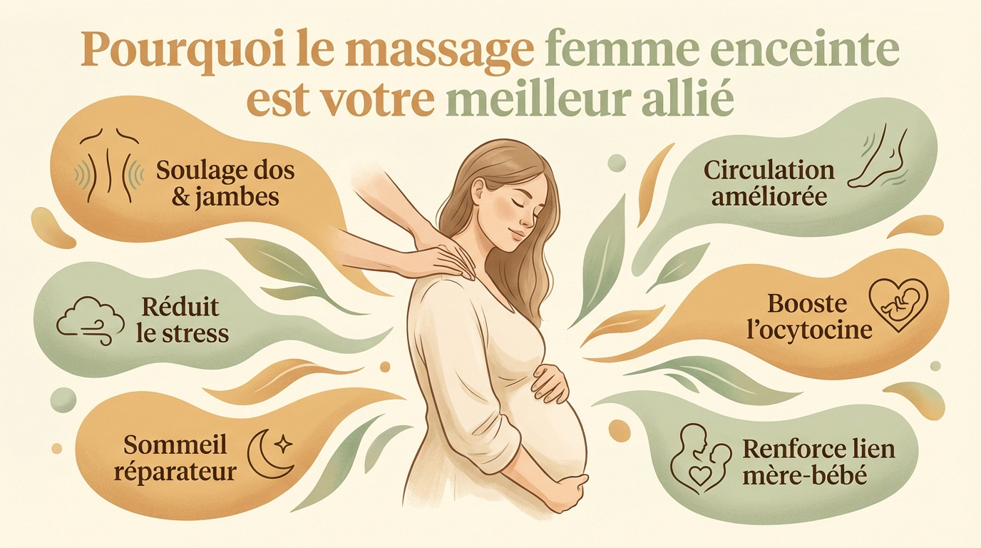 Infographie détaillant les avantages physiques et hormonaux du massage prénatal