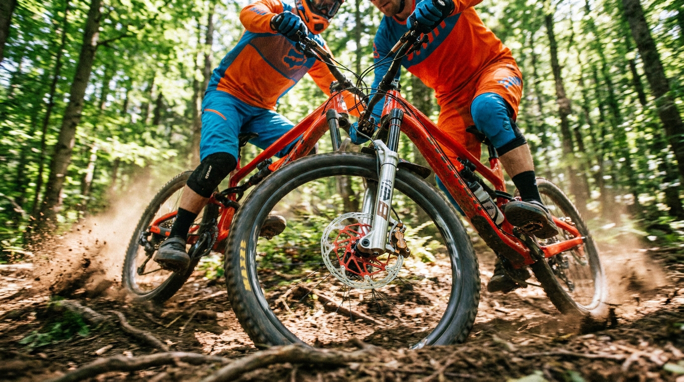 Vététiste en pleine descente technique testant la puissance des freins SRAM Maven B1
