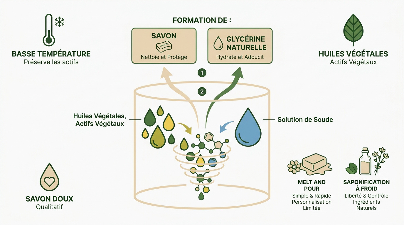 Infographie détaillant le processus de saponification à froid pour fabriquer son savon solide