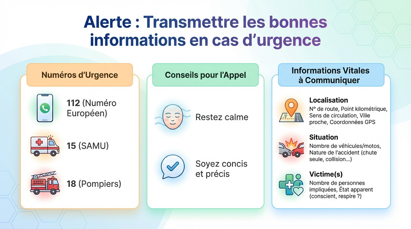 Infographie rappelant les informations clés à transmettre aux secours après un accident de moto