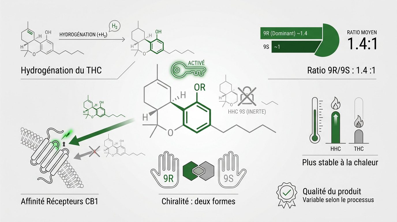 Infographie expliquant la structure moléculaire et la chiralité des isomères 9R et 9S du HHC
