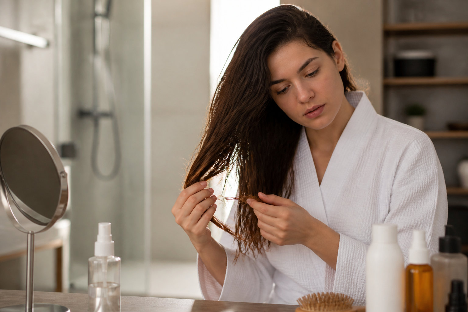 Femme démêlant ses longueurs avant un soin à l'huile