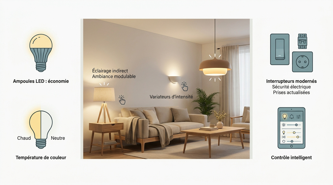 Salon moderne avec différentes sources d'éclairage LED chaleureux et variateurs d'intensité