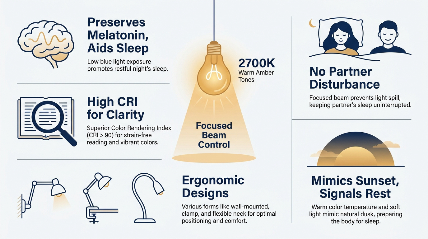 Ideal bedside reading lamp featuring warm amber light and focused beam control for night reading
