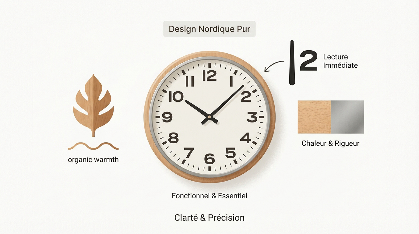 Horloge murale au design scandinave épuré mêlant bois naturel et fonctionnalité