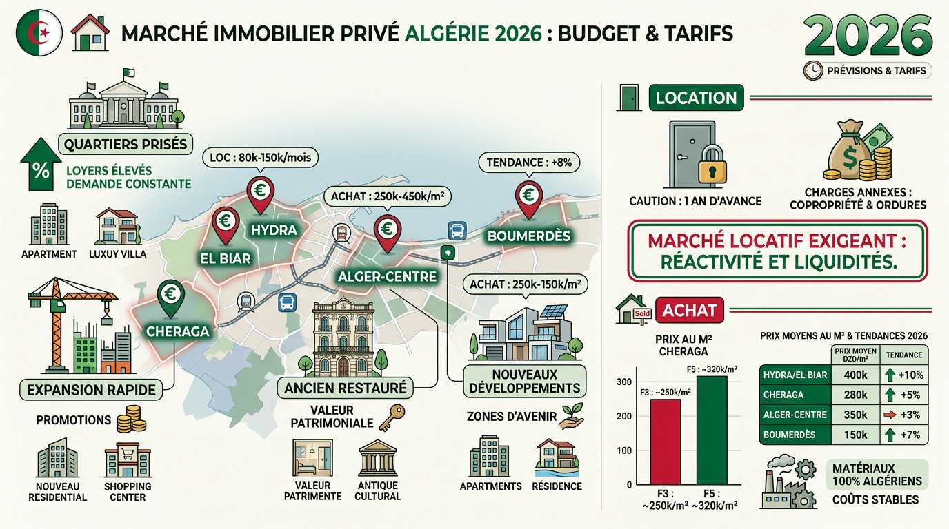 Marché immobilier privé à Alger en 2026, quartiers résidentiels et appartements de standing, logement en algérie