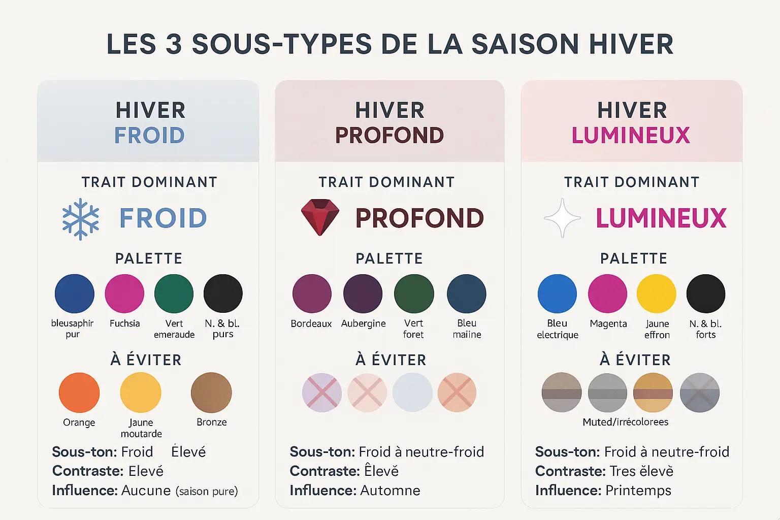 Illustration des <strong>trois sous-types hiver</strong> : froid, profond et lumineux