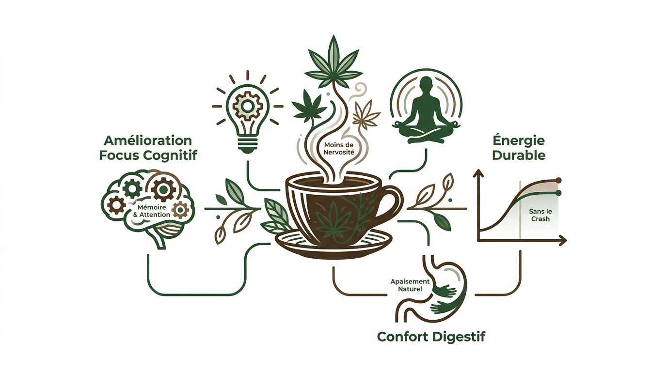 Tasse de café fumante à côté d'un flacon d'huile de CBD pour illustrer la concentration et la sérénité