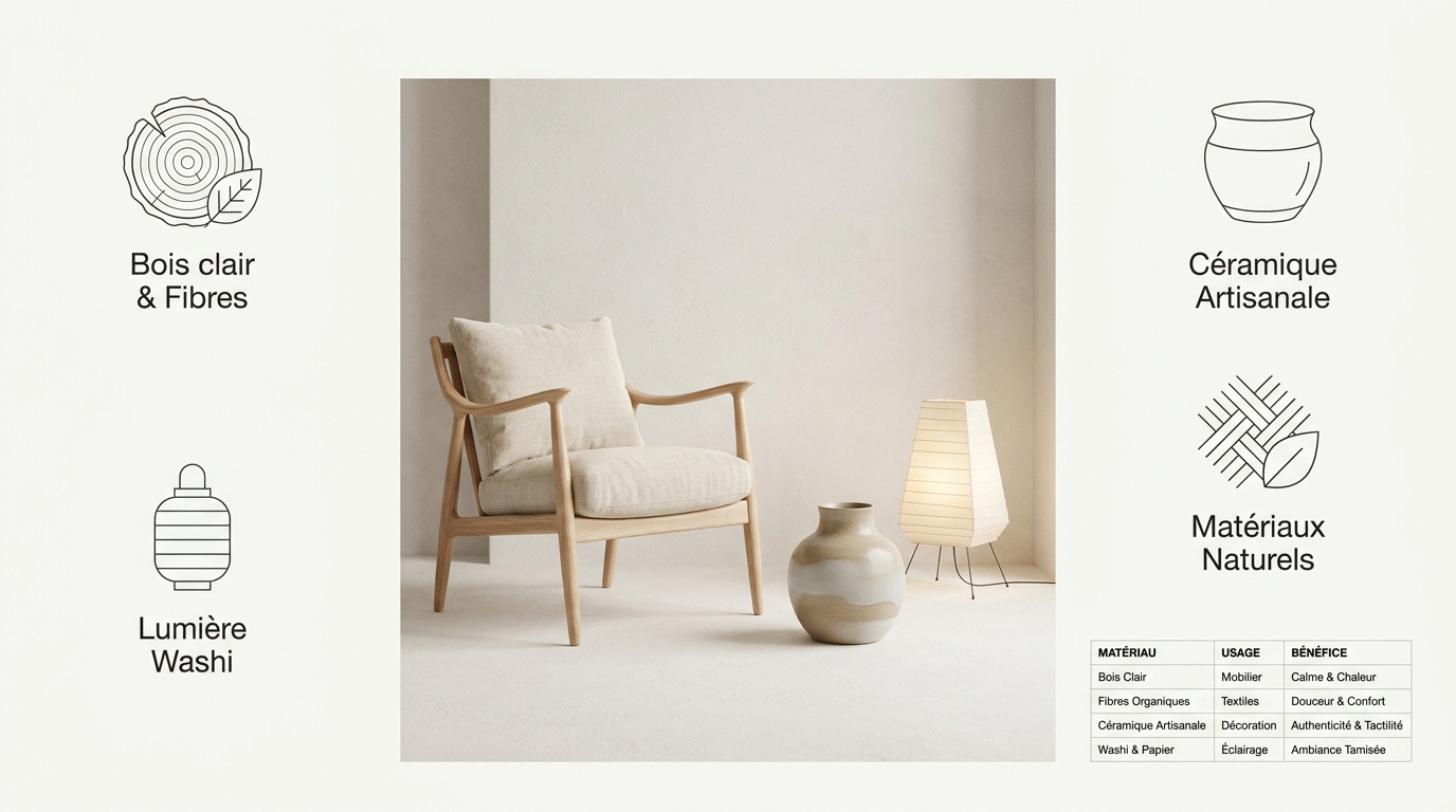 Infographie présentant les matériaux naturels du minimalisme japonais pour un intérieur serein