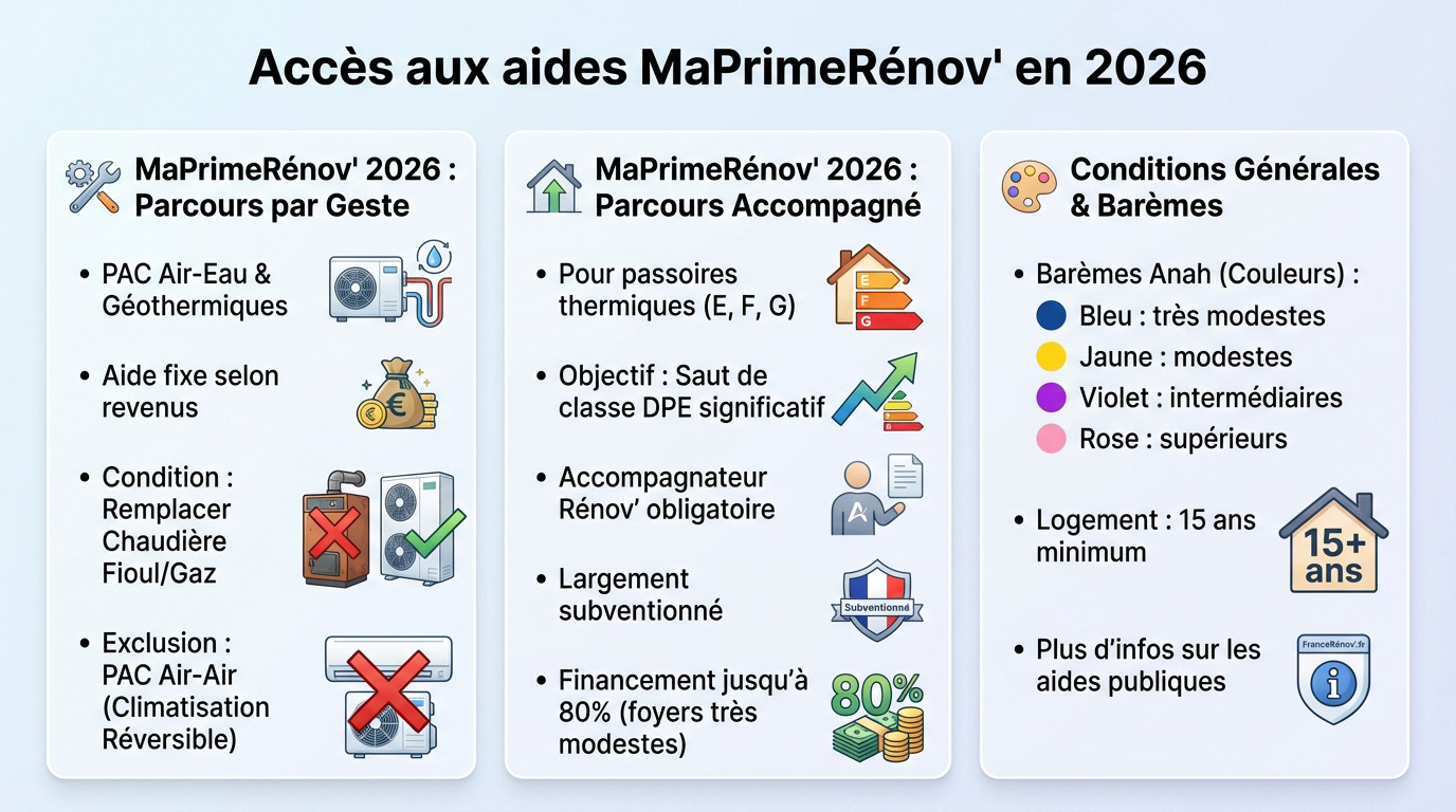Schéma explicatif des plafonds de ressources et conditions pour MaPrimeRénov' 2026