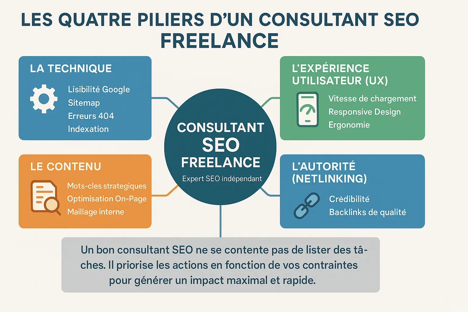 Les 4 piliers du consultant SEO freelance