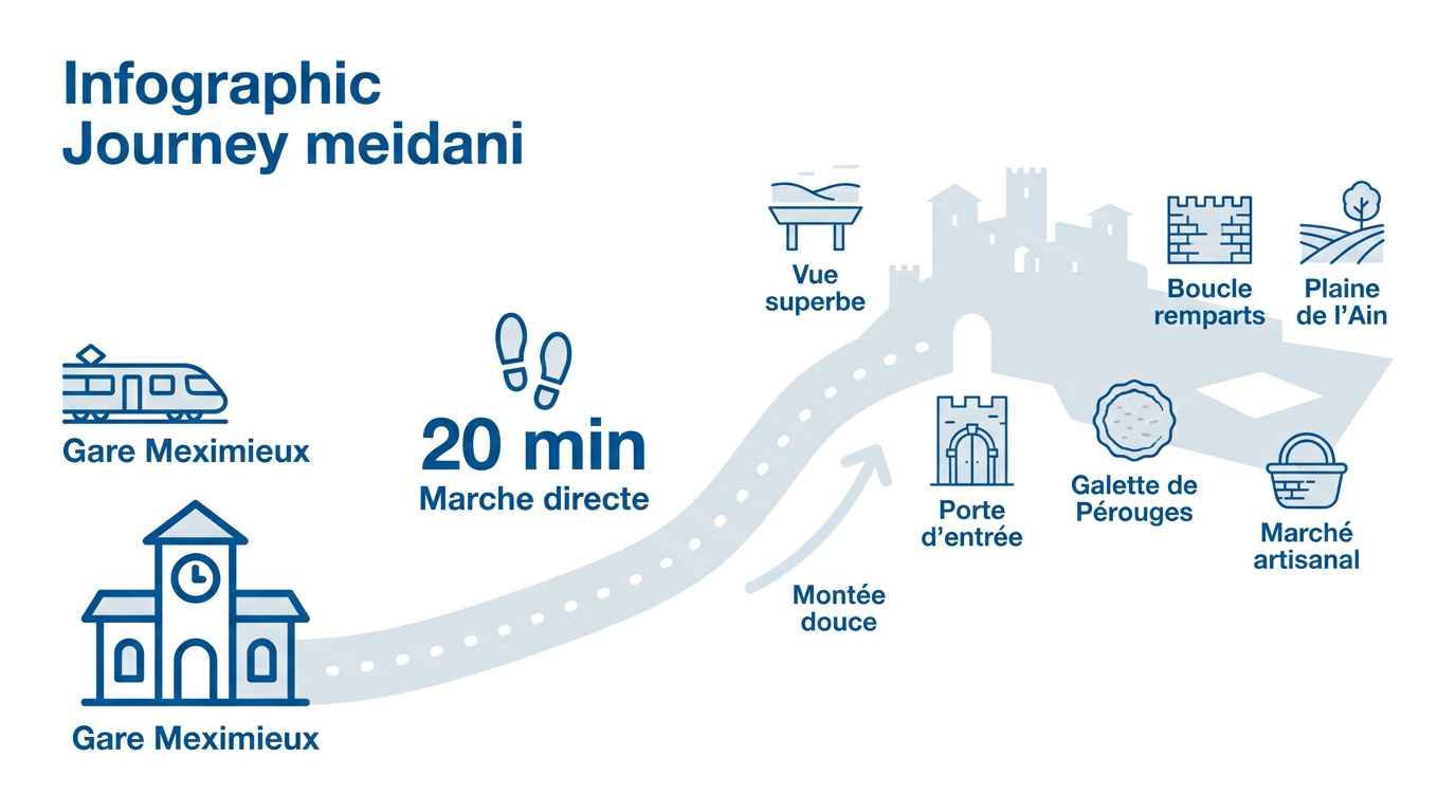 Infographie du trajet à pied entre la gare de Meximieux et la cité médiévale de Pérouges