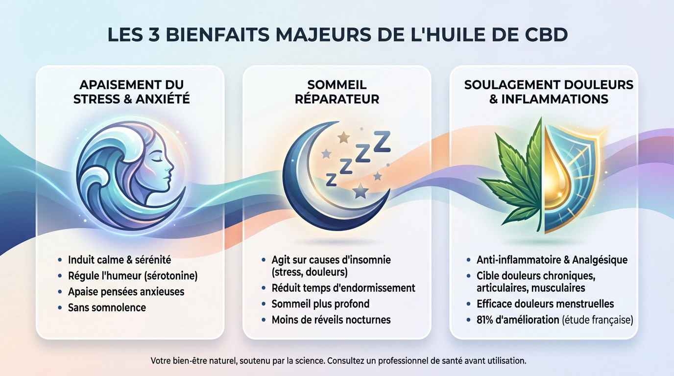 Illustration des bienfaits de l'huile de CBD sur le stress et le sommeil