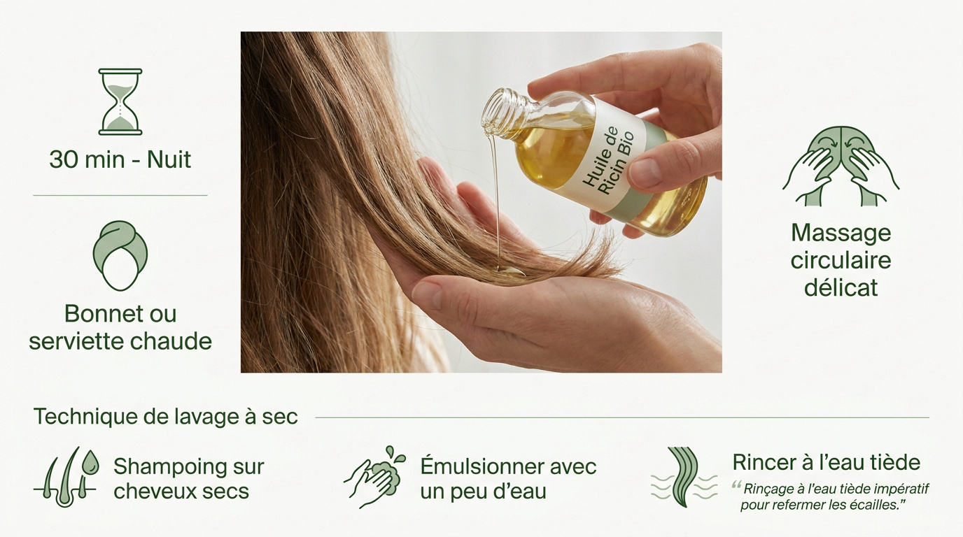 Guide illustré pour appliquer l'huile de ricin sur les longueurs et le cuir chevelu