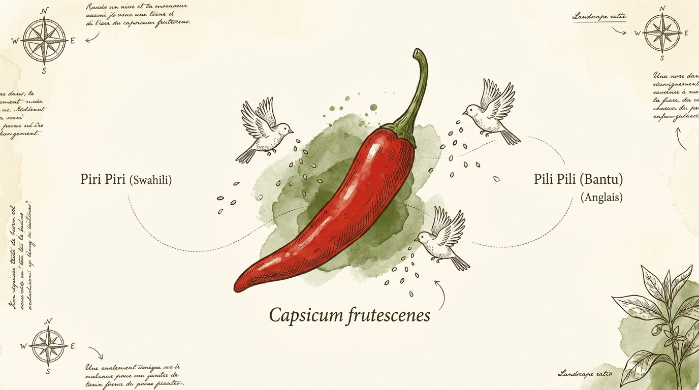 Infographie du voyage mondial du piri piri et ses différentes appellations selon les régions du monde