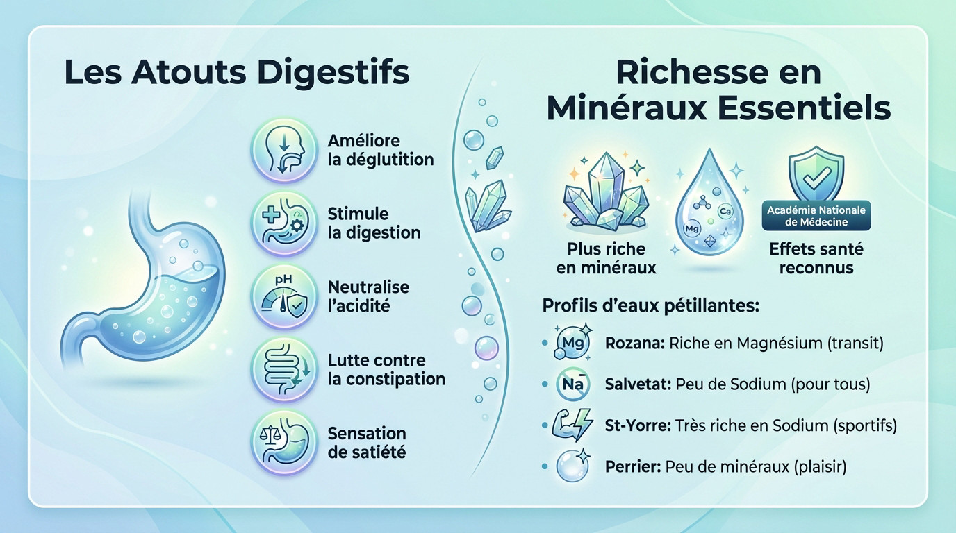 Verre d'eau p&eacute;tillante avec bulles actives illustrant les bienfaits digestifs et la richesse en min&eacute;raux