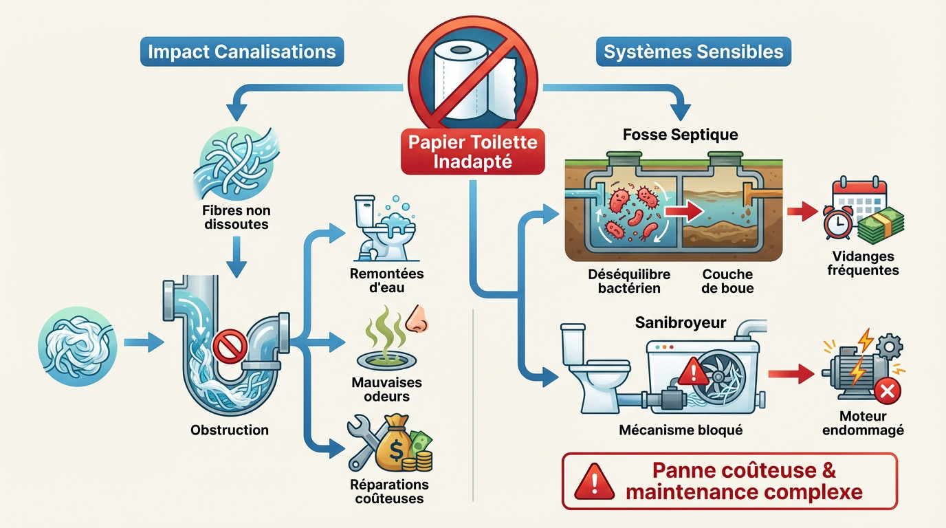 Canalisation obstru&eacute;e par un amas de papier toilette non dissous
