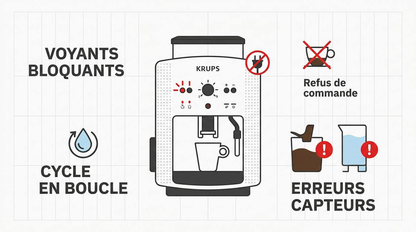 Voyants d'alerte sur une machine à café Krups à grain nécessitant une réinitialisation