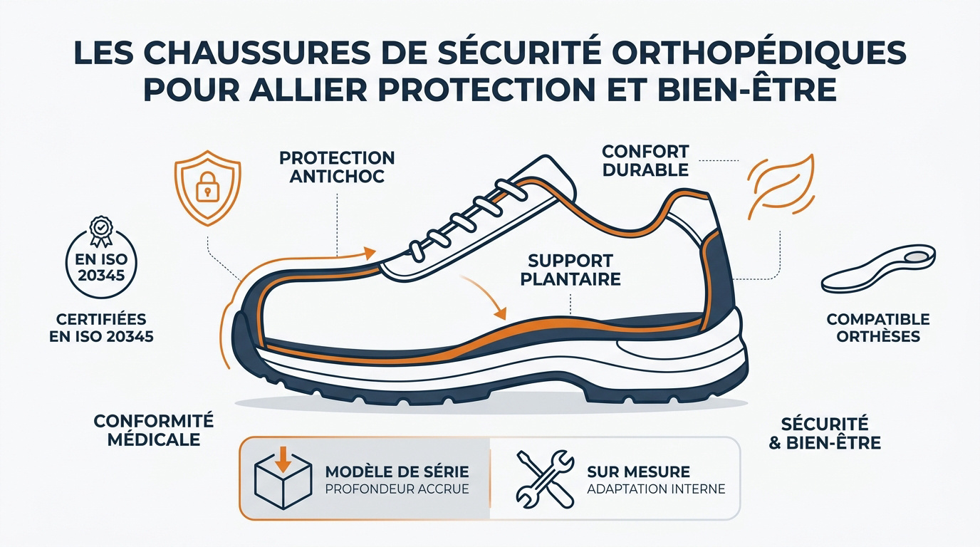Chaussures de sécurité orthopédiques : sécurité + confort au travail Paire de chaussures de sécurité orthopédiques offrant protection et confort ergonomique
